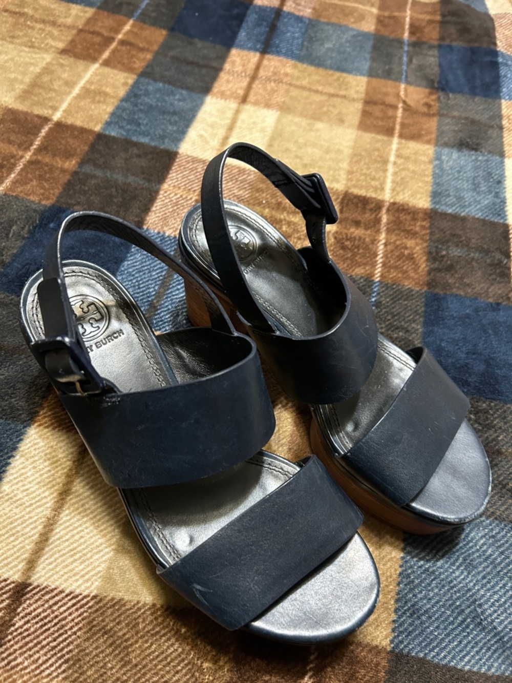 Tory Burch Black Leather Block Heel Slingback Sandals